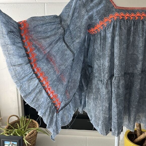 NWT Cousin Earl Lagenlook Florentine Blue Orange Bell SleevesTop Oversized Boho - Picture 8 of 16